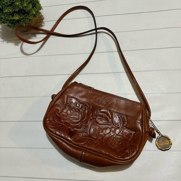 Patricia Nash Handbags - Patricia Nash Brown Leather Embossed Floral Crossbody Shoulder Bag Purse